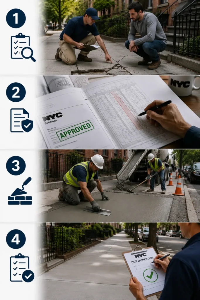 4 step sidewalk repair process in NYC